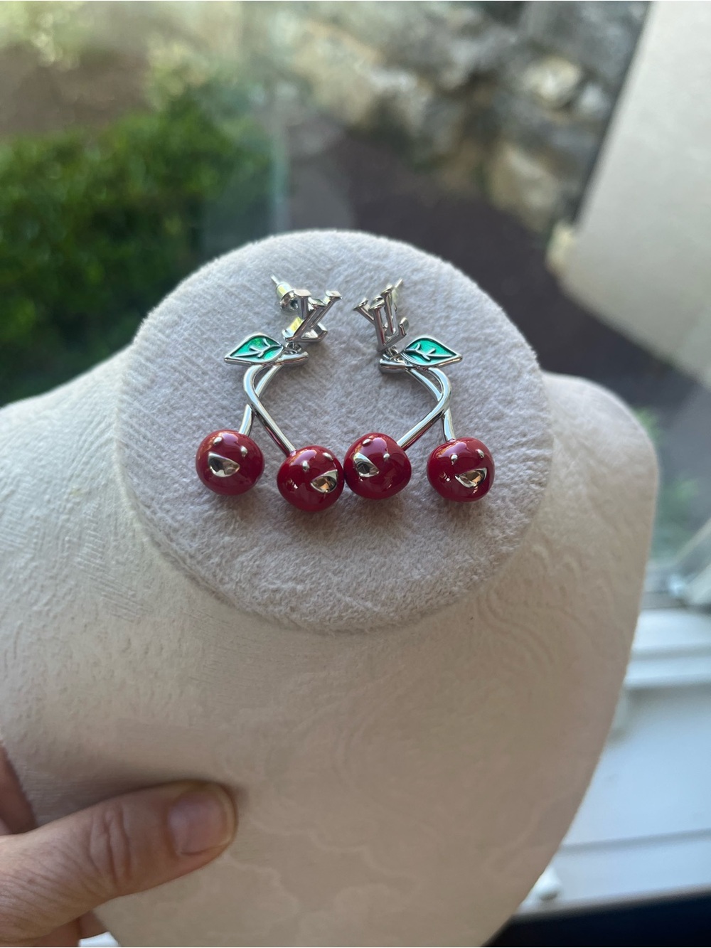 Silver Cherry Drop Earrings with Red Enamel
